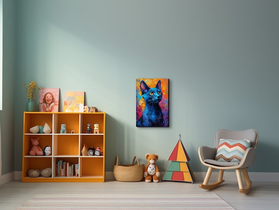 Colorful Blue Cat Portrait Pop Art on Orange Background Wall Art - Image 7