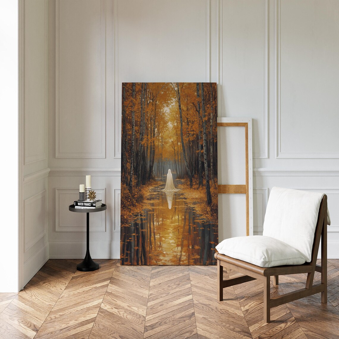 Haunted Autumn Forest Ghost Reflection On Golden Stream Halloween Wall Art - Image 4