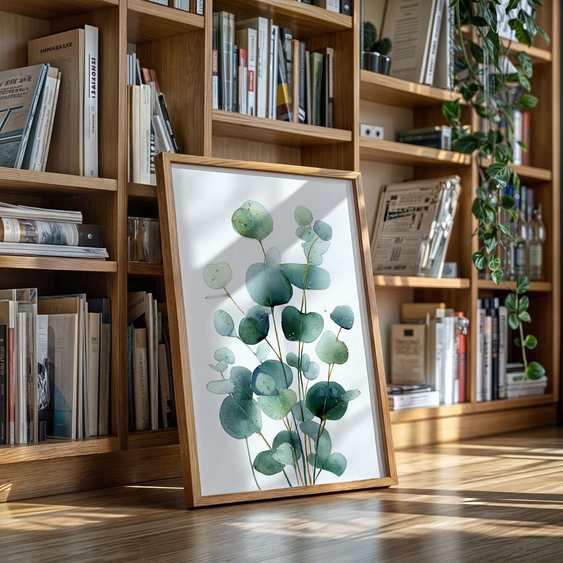 Silver Dollar Eucalyptus Stems Watercolor Teal Botanical Poster