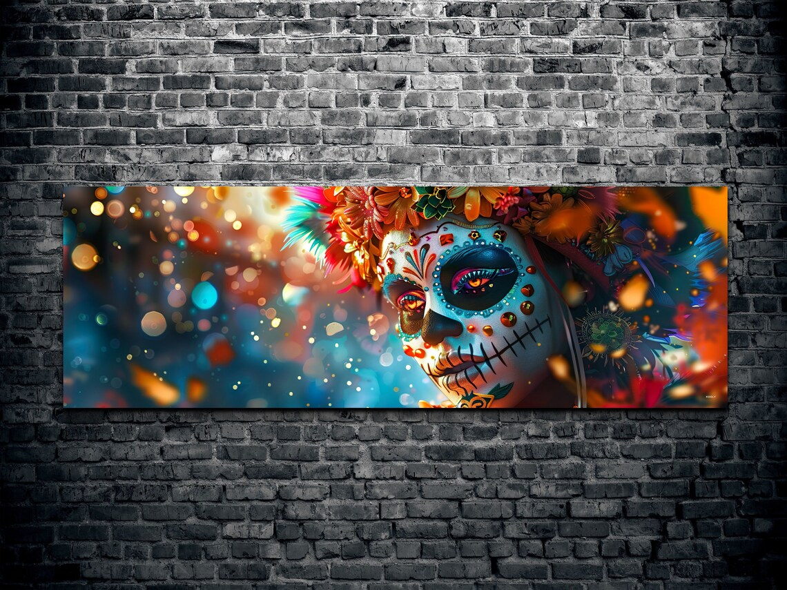 Day of the Dead Sugar Skull Woman With Floral Crown Panoramic Poster - Image 2