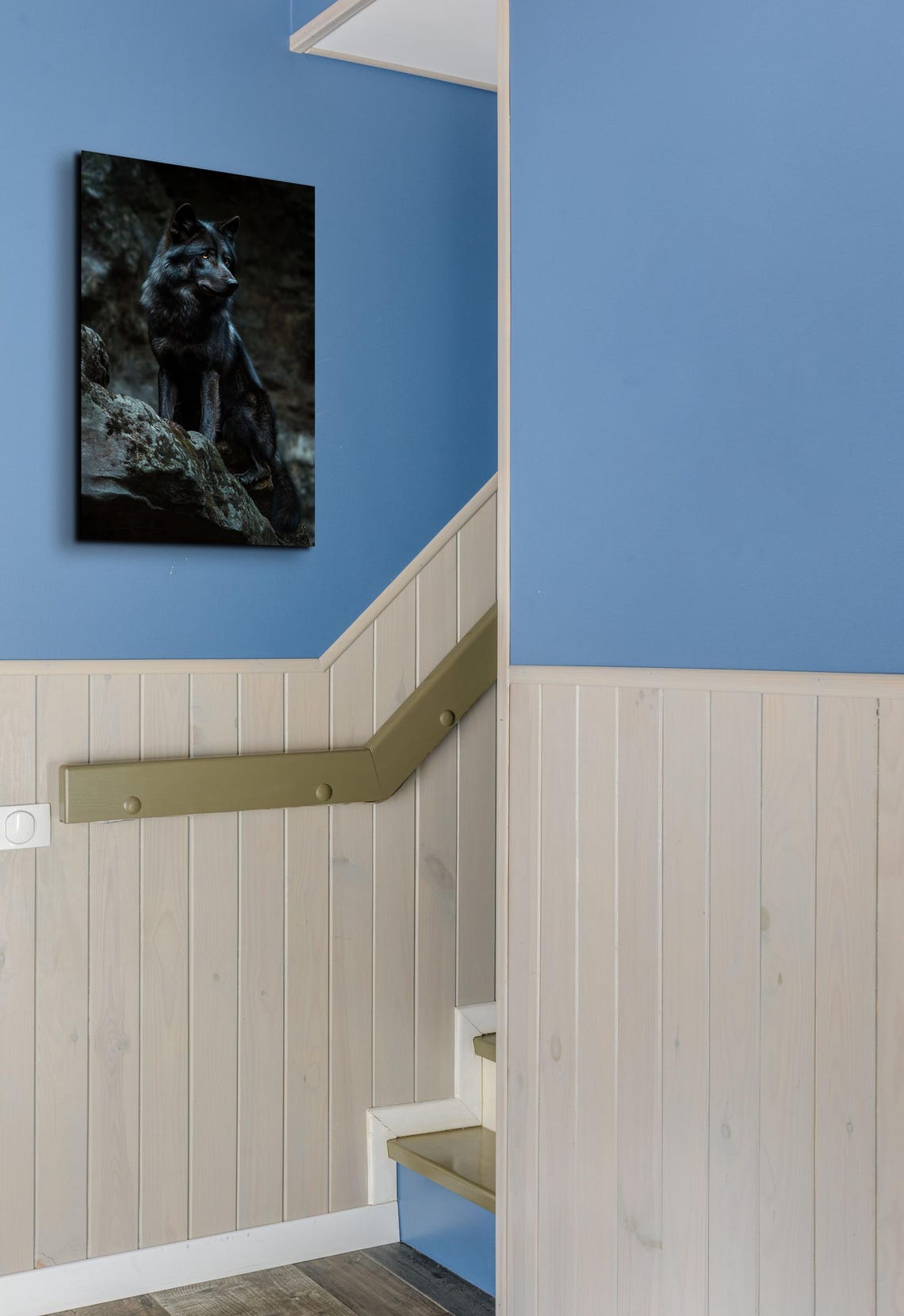 Black Wolf Standing on Rocky Outcrop in Dark Forest Night Photo Poster - Image 5