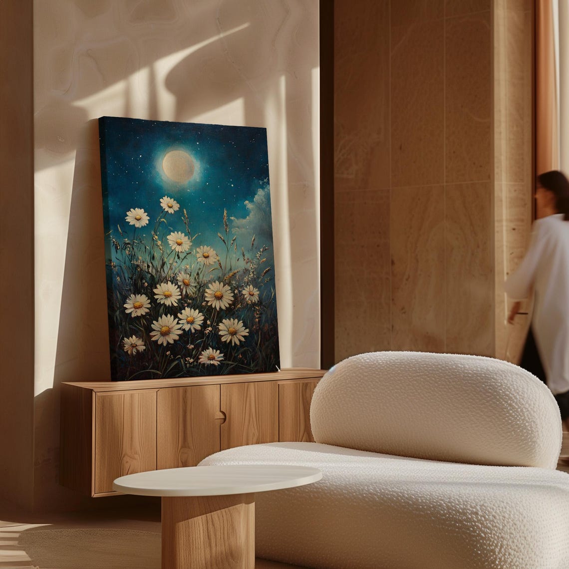 White Daisies Under a Glowing Full Moon in a Blue Night Sky Poster - Image 6