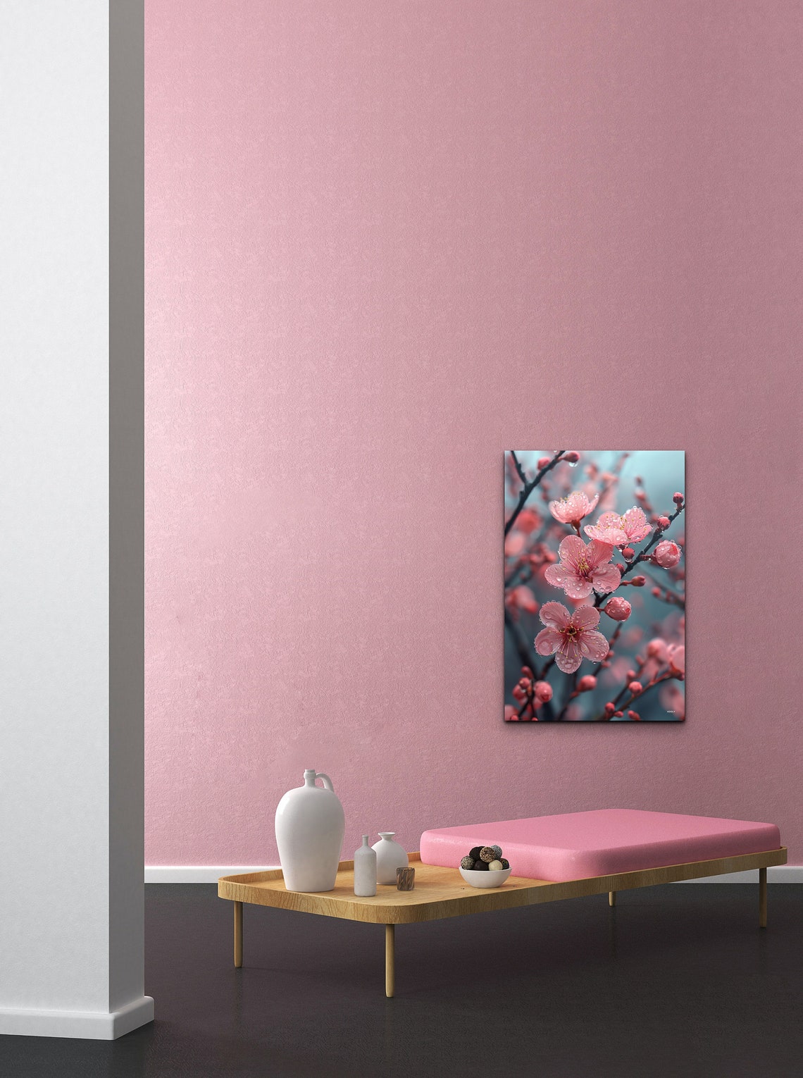 Pink Cherry Blossoms Raindrops Close-Up Spring Floral Wall Art - Image 3