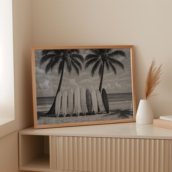 Surfboards Between Palm Trees Poster Black And White Vintage Beach Photography