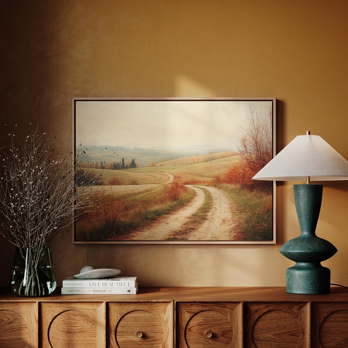Rustic Countryside Path, Serene Rolling Hills Landscape