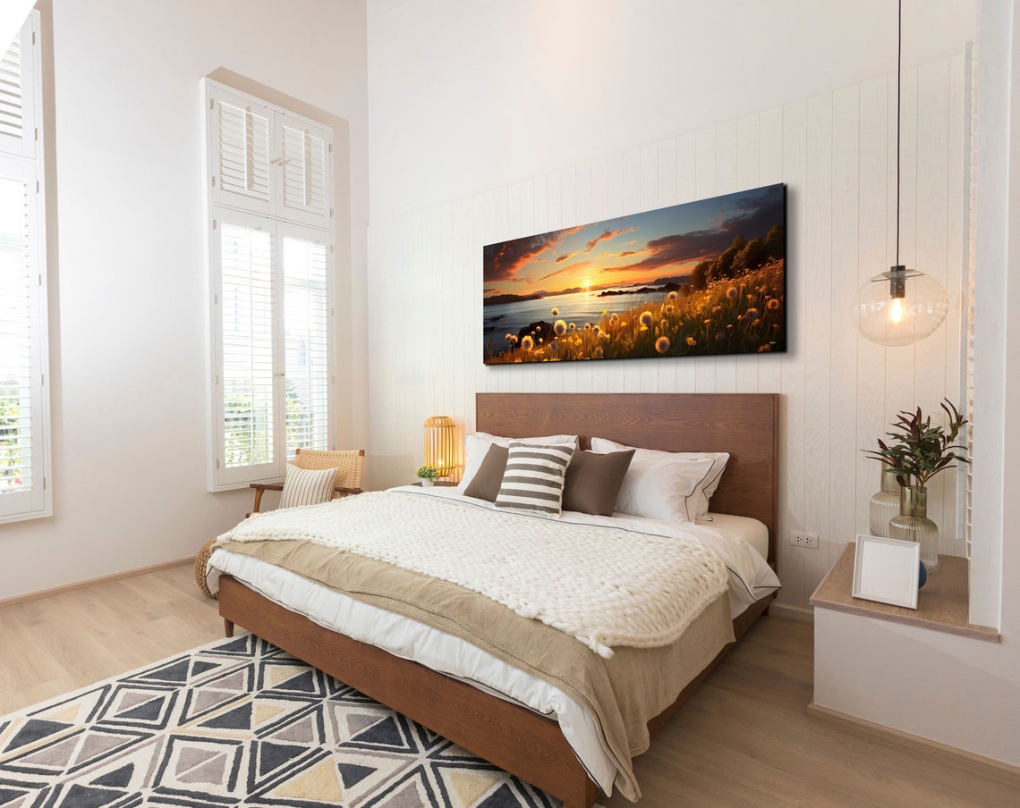 Dandelion Field Lake Sunset Golden Hour Panoramic Art Poster - Image 5
