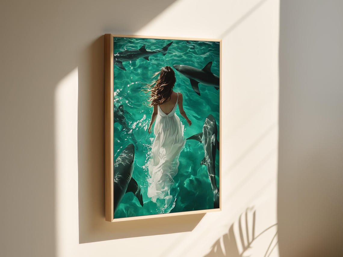 Woman in White Dress with Sharks Ethereal Ocean Surreal Art Poster