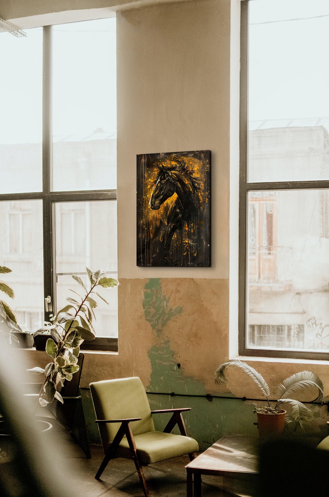 Black Horse Portrait in Golden Flame Paint Drip Equestrian Poster - Image 3