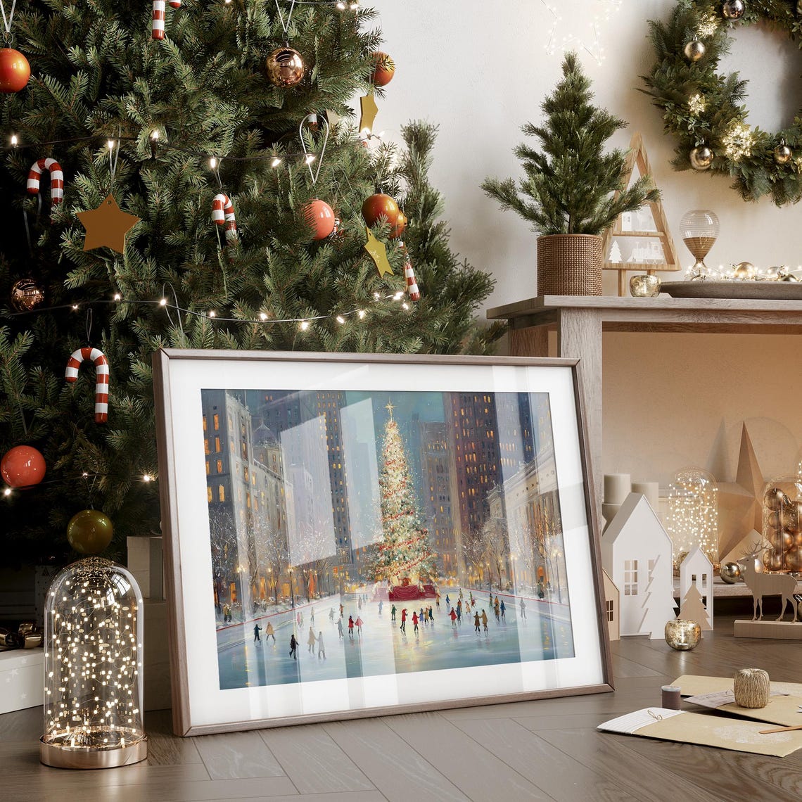 City Ice Rink Skaters With Christmas Tree Vintage Winter Scene Poster