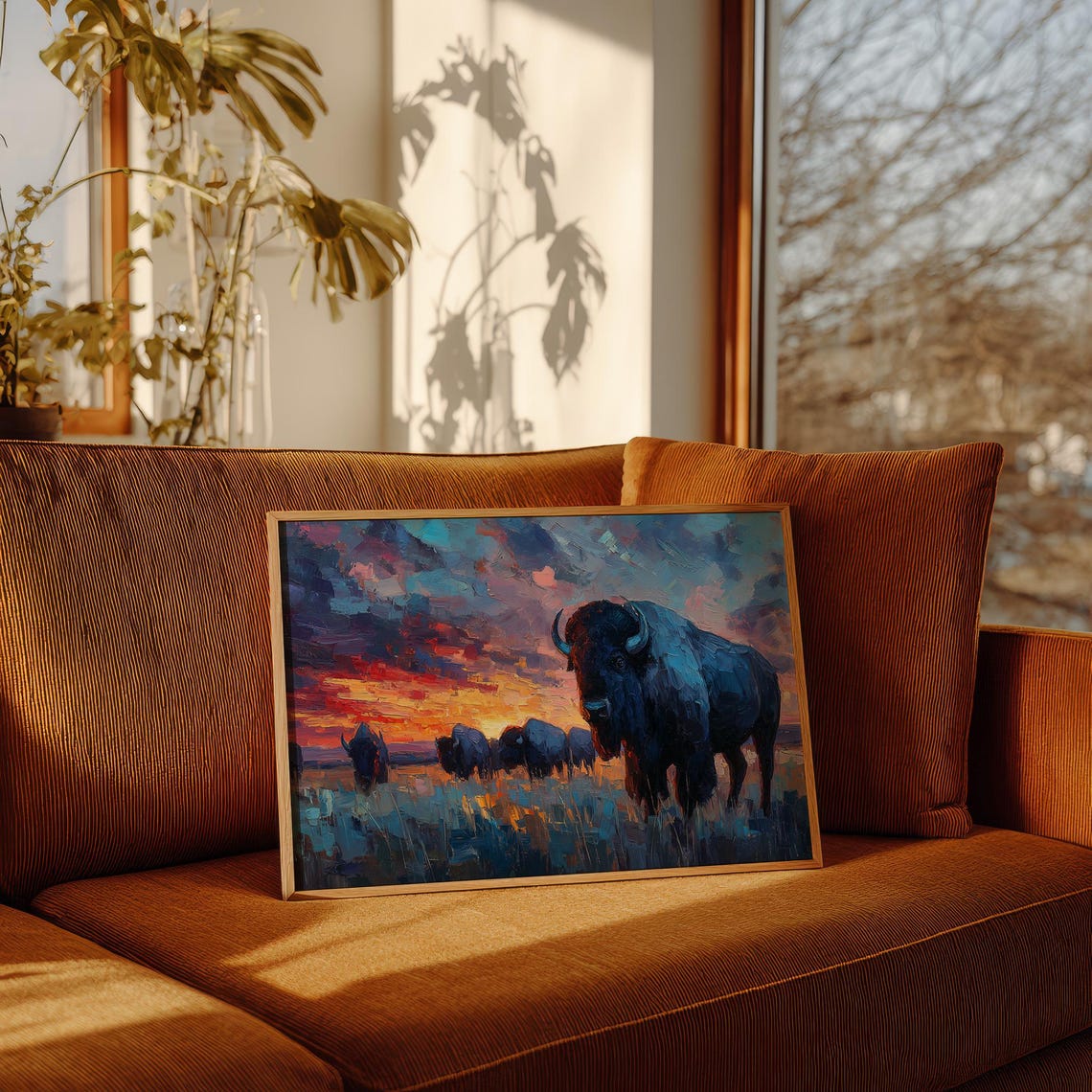 Buffalo Herd At Sunset On The Plains