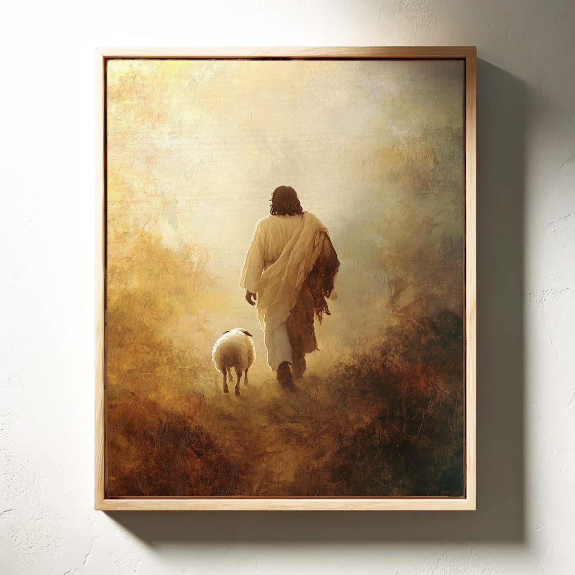 Jesus Walking With A Lamb Golden Field Peaceful Christian Poster