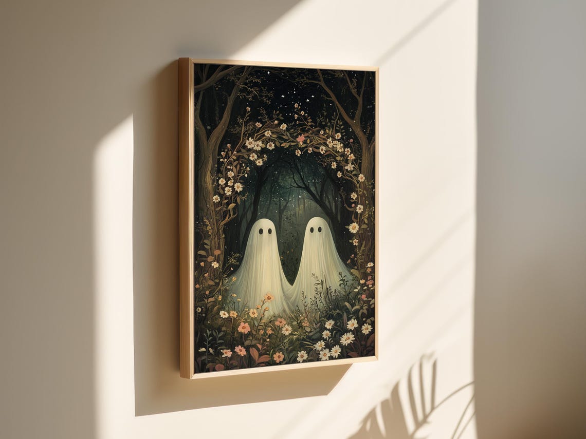 Ghost Couple Under Starry Floral Arch In Dark Enchanted Forest Poster