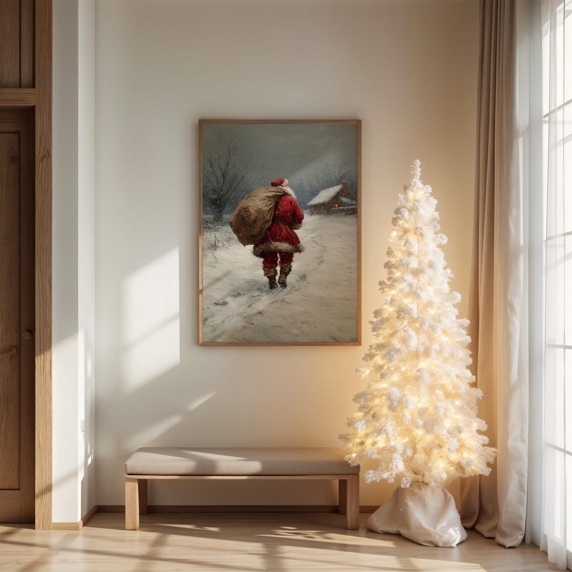 Vintage Santa Claus Walking Through Snow Toward Cozy Cabin Poster