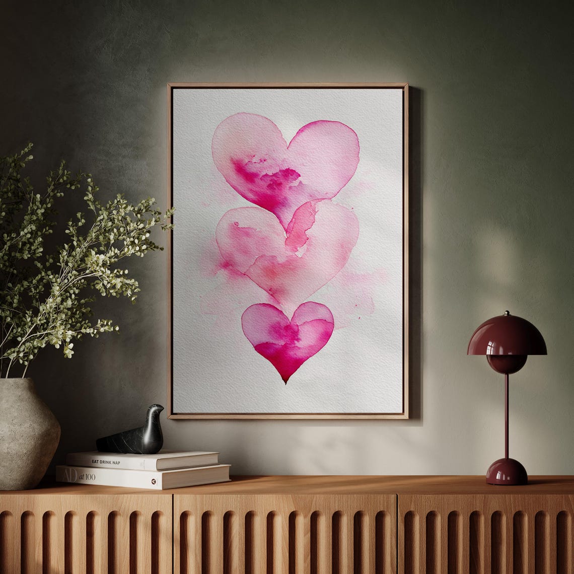 Pink Watercolor Hearts Romantic Trio Love Bedroom Decor Poster