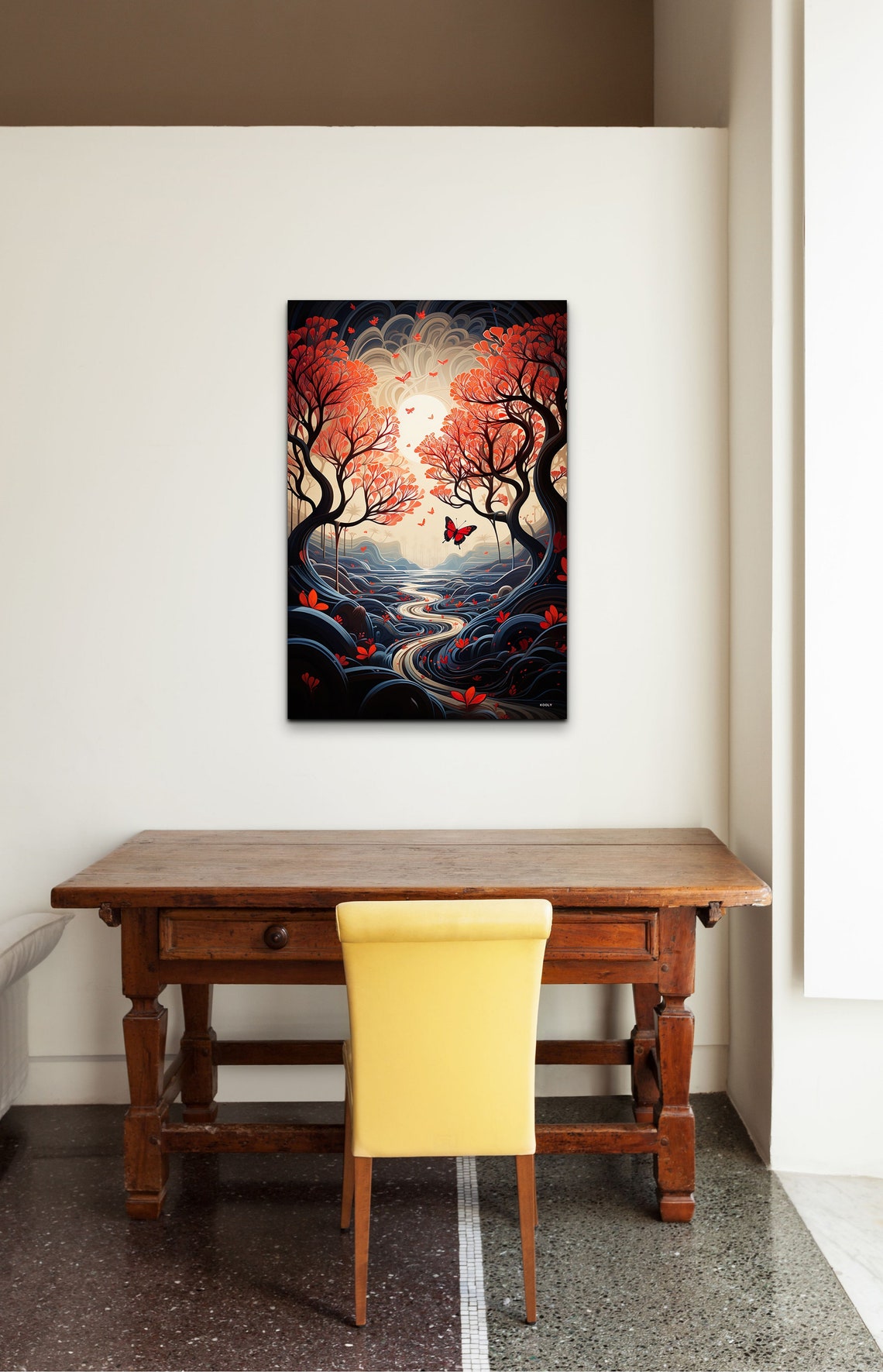 Red Forest Path With Butterfly Stylized Fantasy Night Art Poster - Image 4