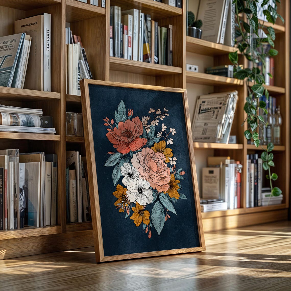 Vintage Floral Bouquet Botanical Illustration Dark Navy Poster