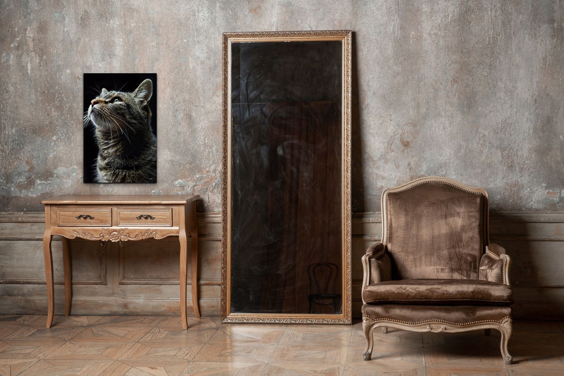 Tabby Cat Portrait Looking Up Dramatic Black Background Pet Poster - Image 4