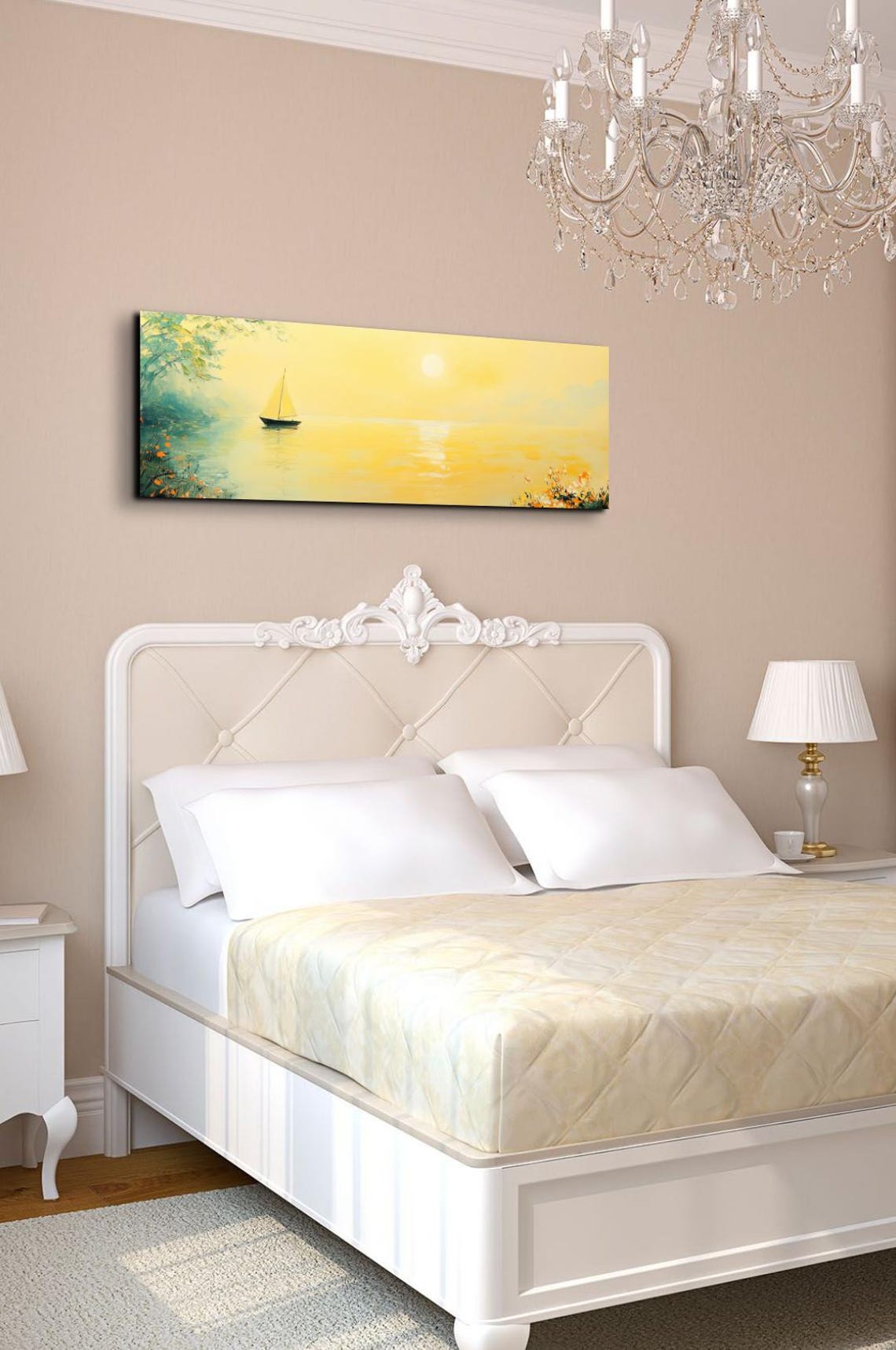 Sailboat In Warm Sunlight Floral Shoreline Calm Waters Poster - Image 7