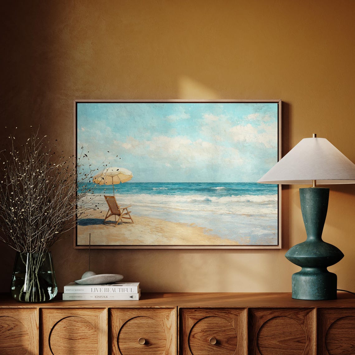 Sunlit Beach Umbrella and Wooden Chair Ocean Waves Painting Poster - Image 4