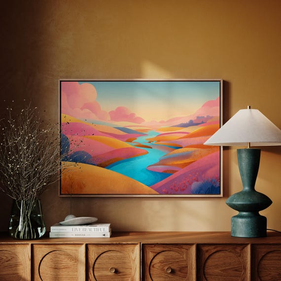 Colorful River Landscape Canvas Wall Art Vibrant Sunset Hills With Flowing Water Modern Abstract Nature Artwork For Home Decor