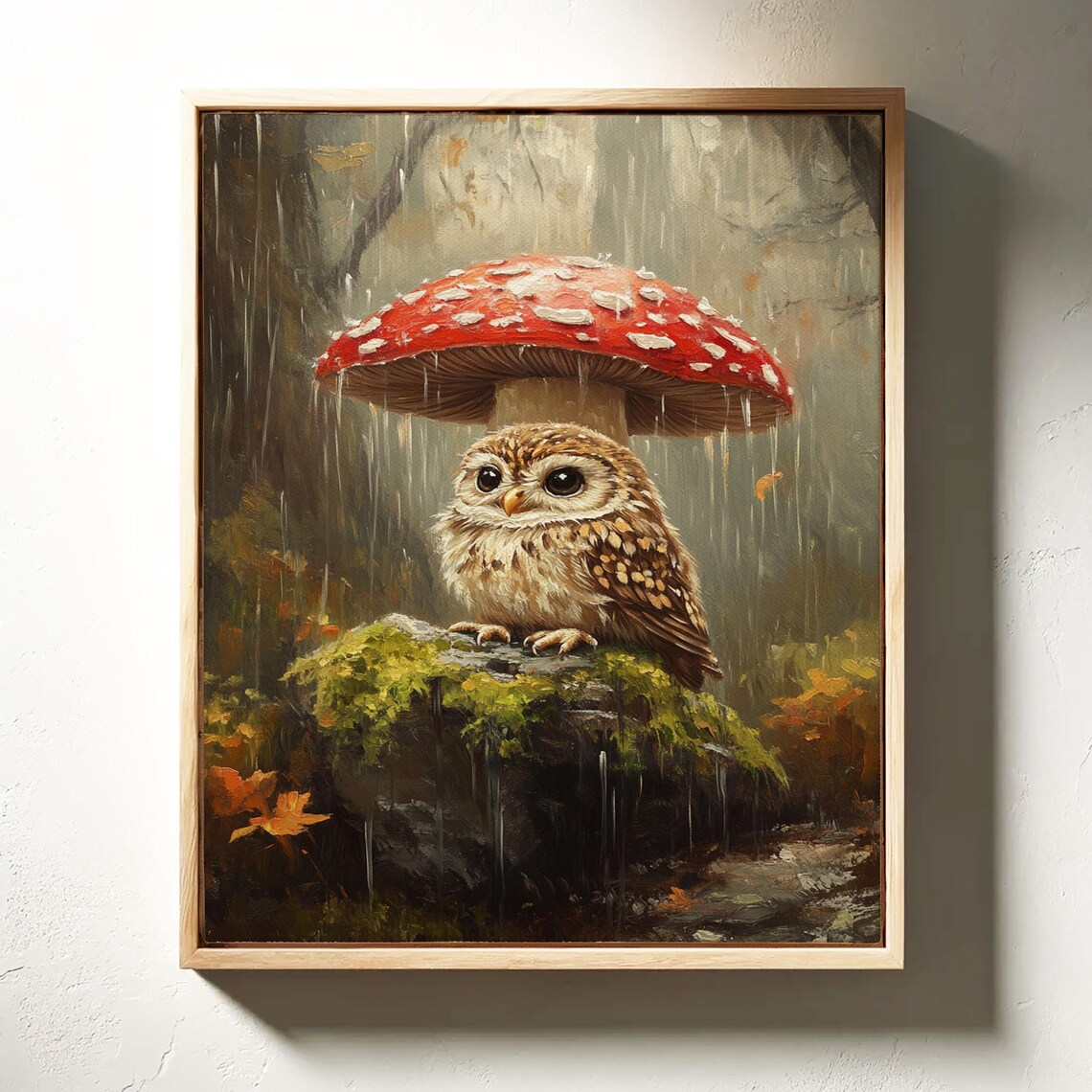 Baby Owl Sheltered By Red Mushroom Woodland Rain Painting Poster - Image 4