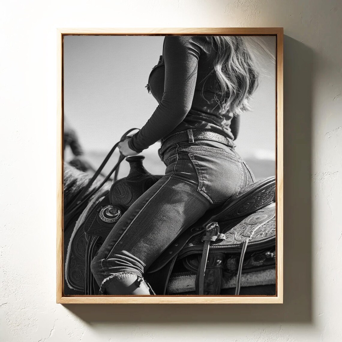 Cowgirl On Horseback Poster Black White Western Saddle Rustic Ranch Art