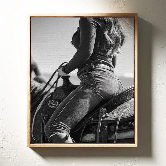 Cowgirl On Horseback Poster Black White Western Saddle Rustic Ranch Art