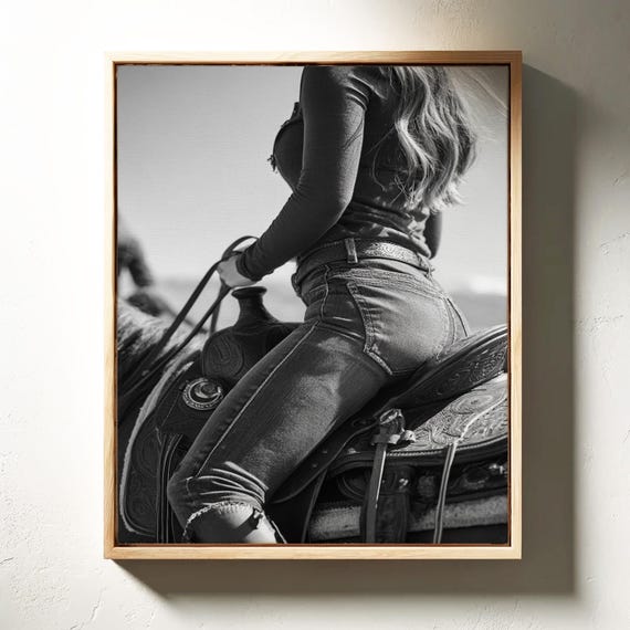 Cowgirl On Horseback Wall Art Black And White Western Photography With Rustic Saddle Detail