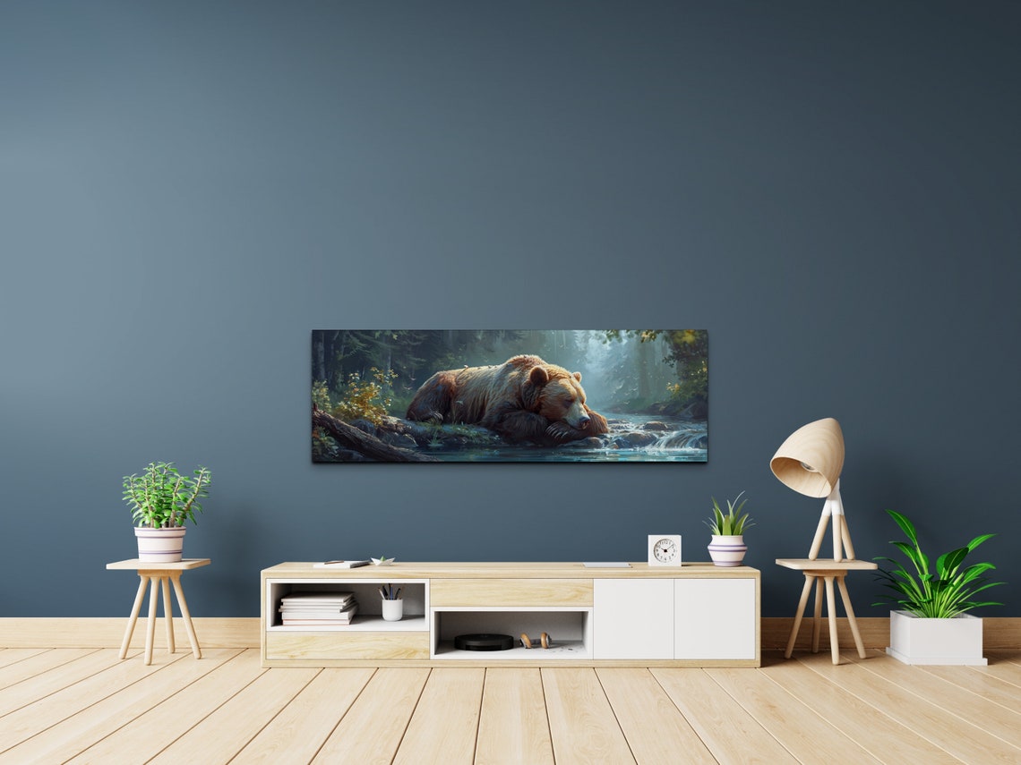 Panoramic Sleeping Bear by Forest Stream Misty Wildlife Poster - Image 7