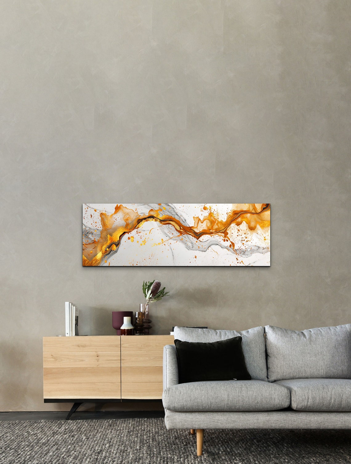 Abstract Gold and Gray Fluid Ink Swirls Panoramic Modern Poster - Image 3
