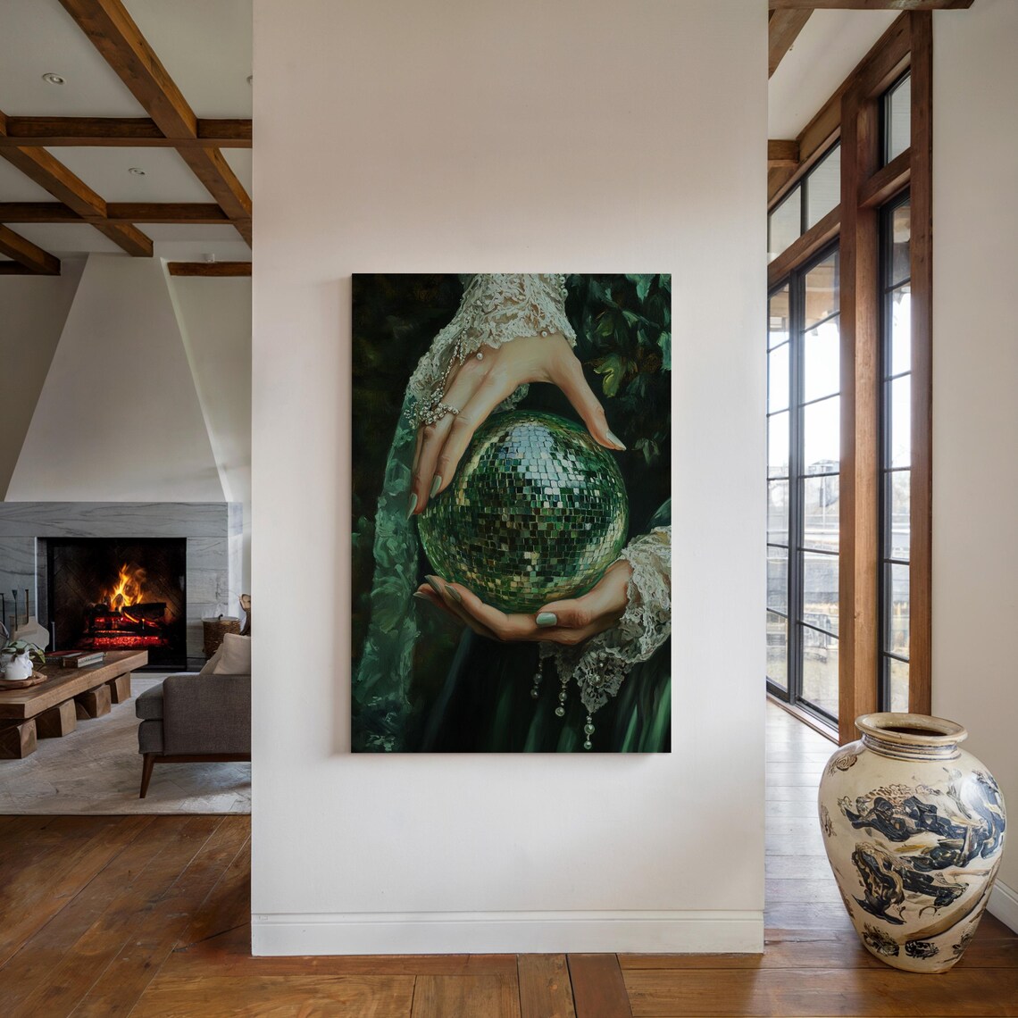 Woman in Green Dress Holding Sparkling Disco Ball in Hands Poster - Image 4