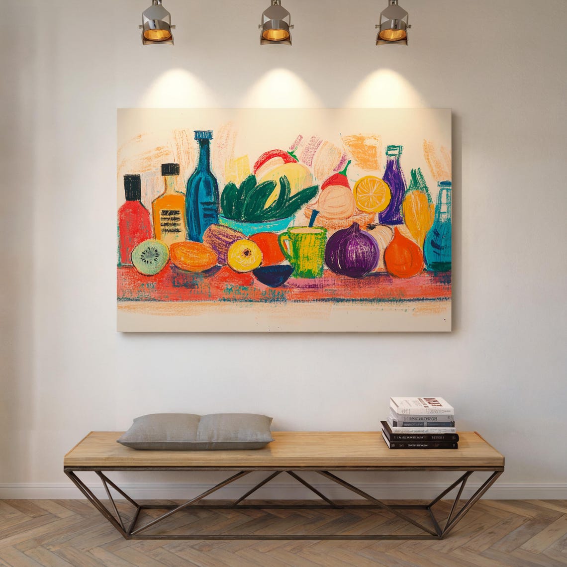 Colorful Pastel Fruit and Bottle Still Life Modern Art Poster