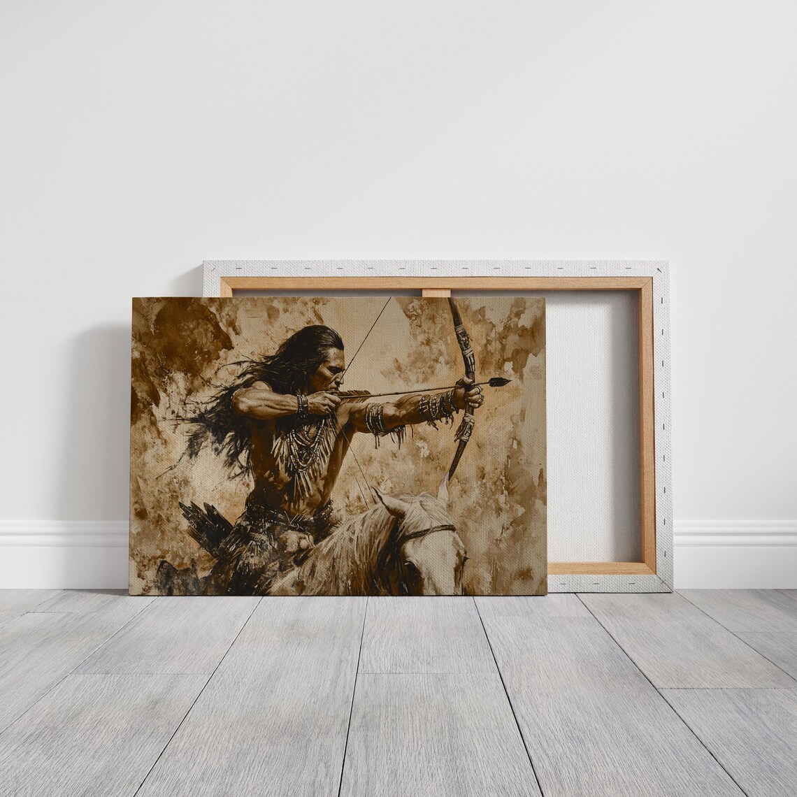 Native Warrior Archer On Horseback, Rustic Boho Wall Art - Image 7