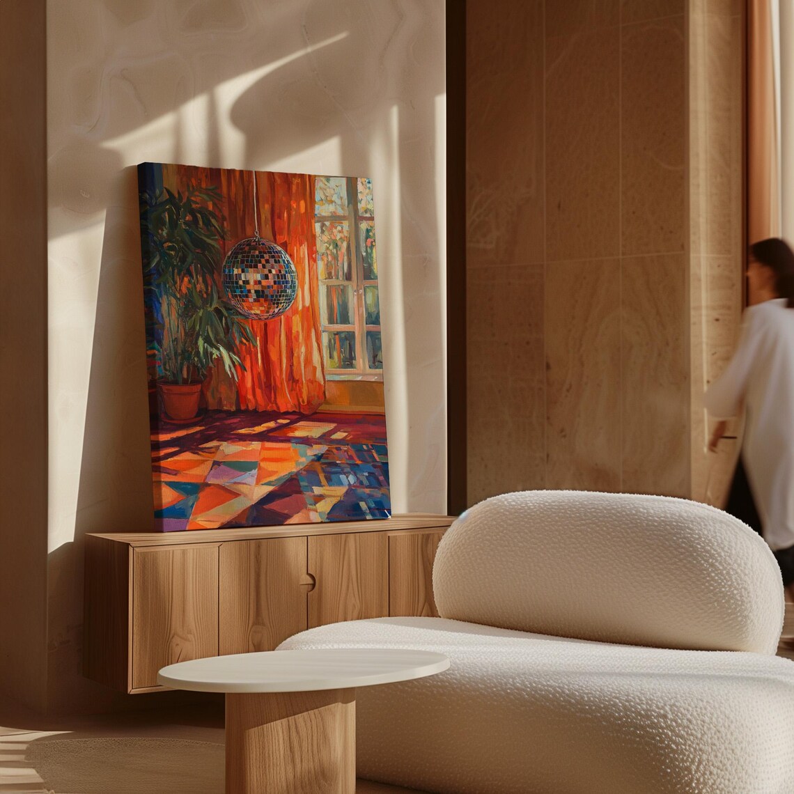 Shimmering Disco Ball in a Colorful Room With Orange Curtains Poster - Image 5