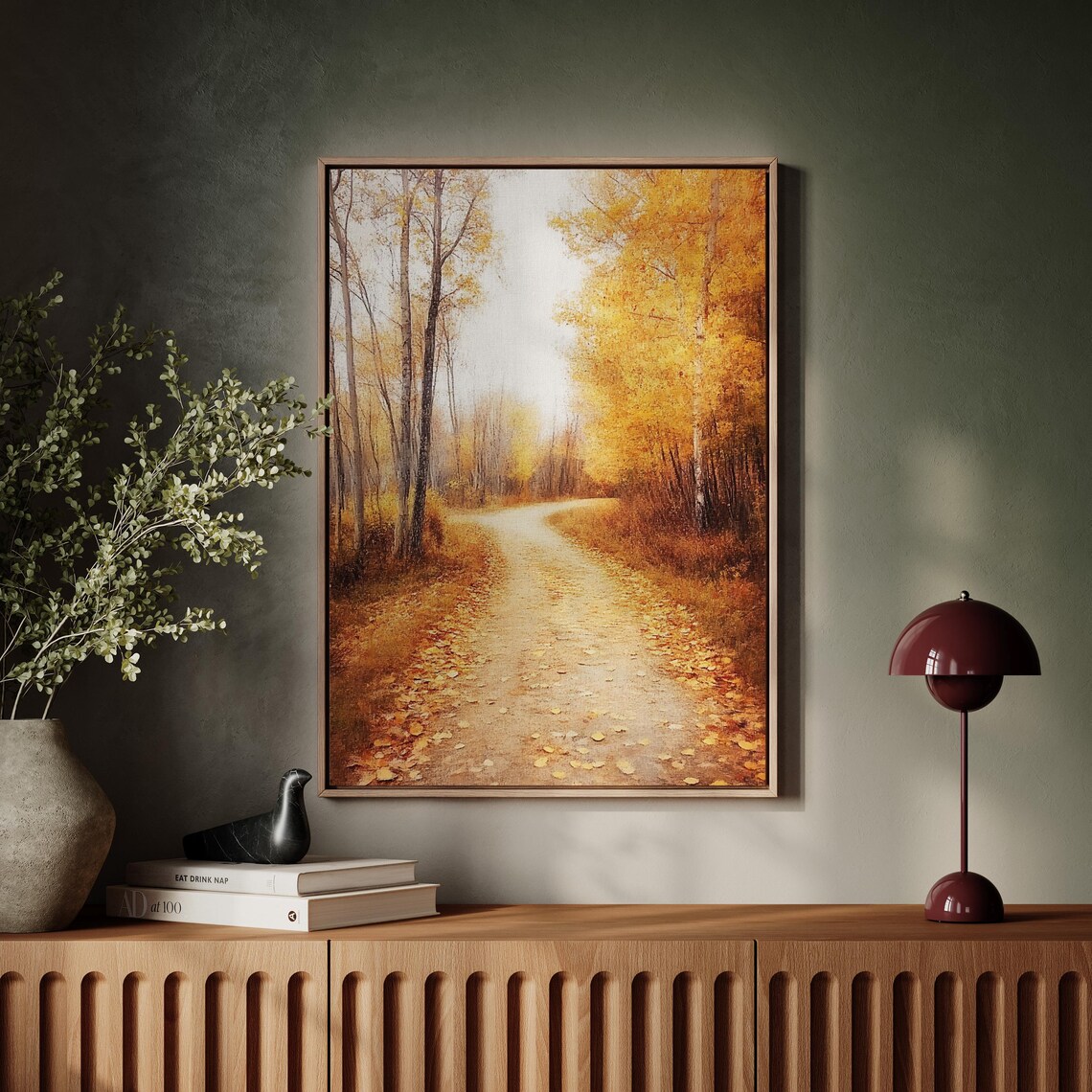 Golden Autumn Birch Path with Falling Leaves Winding Forest Road Poster