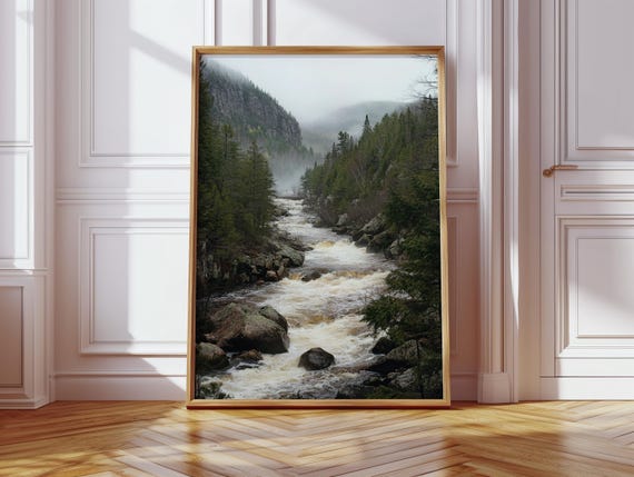 Rushing River In Misty Forest Canvas Moody Mountain Stream Landscape For Rustic Nature Wall Art Decor