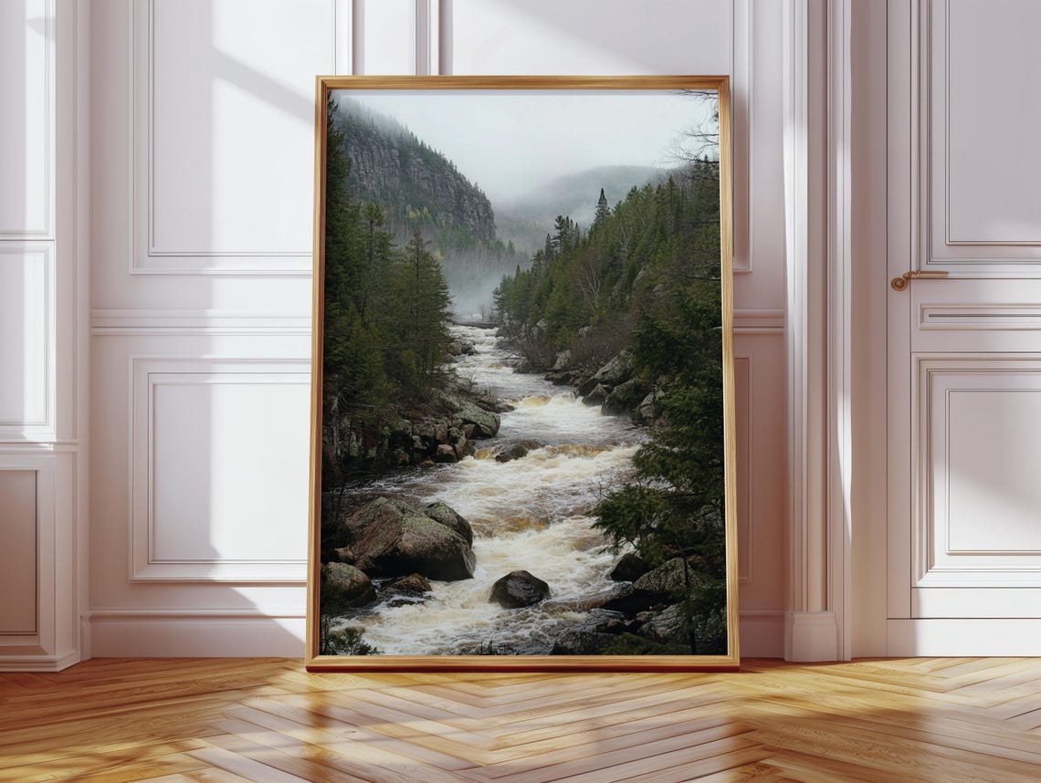 Rushing River In Misty Forest Canvas Moody Mountain Stream Landscape For Rustic Nature Wall Art Decor