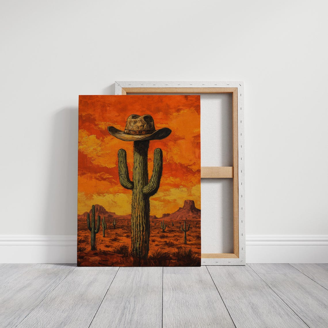 Saguaro Cactus Wearing Cowboy Hat Orange Desert Sunset Poster - Image 3