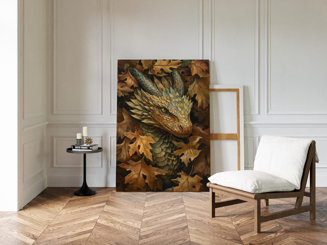 Golden Dragon Among Autumn Leaves Fantasy Art Painting Poster - Image 4
