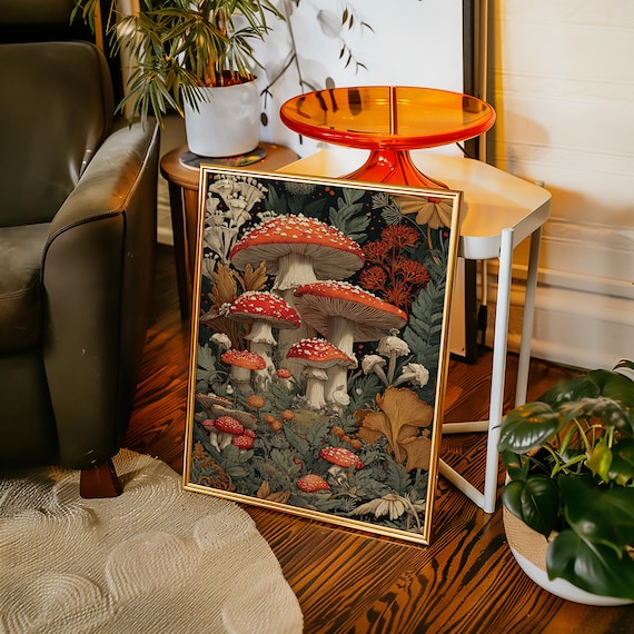 Red Fly Agaric Mushrooms Woodland Forest Floor Botanical Poster