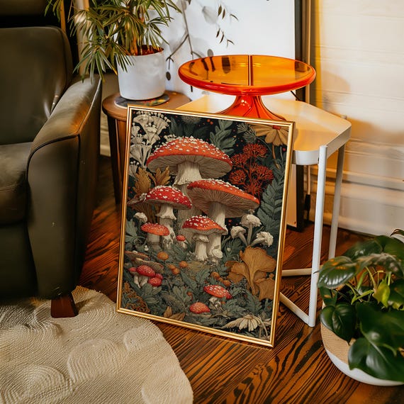 Vintage Mushroom Wall Art Fly Agaric Canvas Print Red Toadstool Botanical Illustration Enchanted Forest Natureinspired Home Dcor