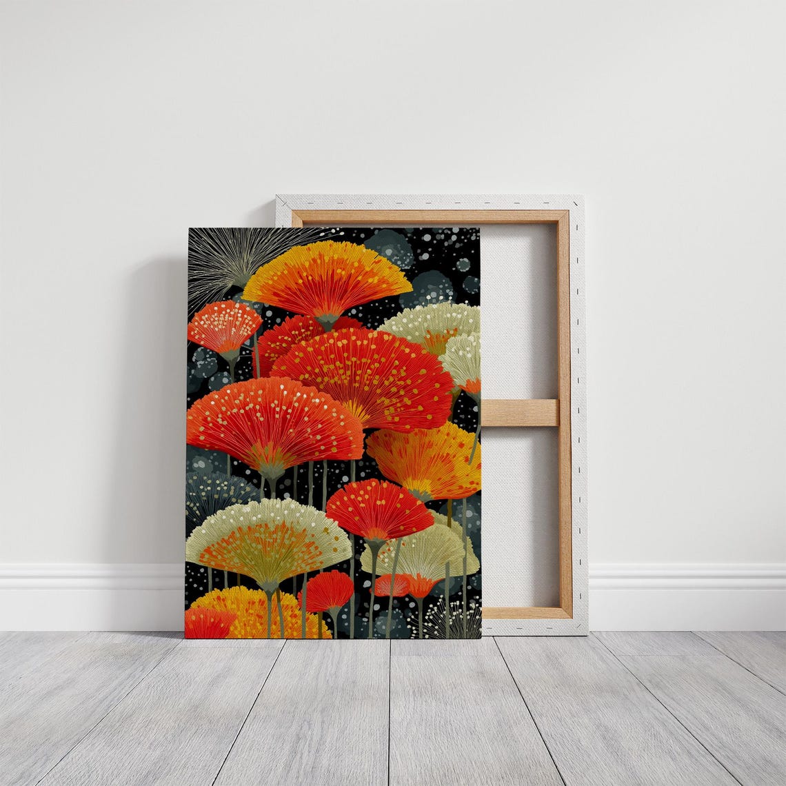 Dark Radiant Red and Orange Fan Flowers Blooming at Night Poster