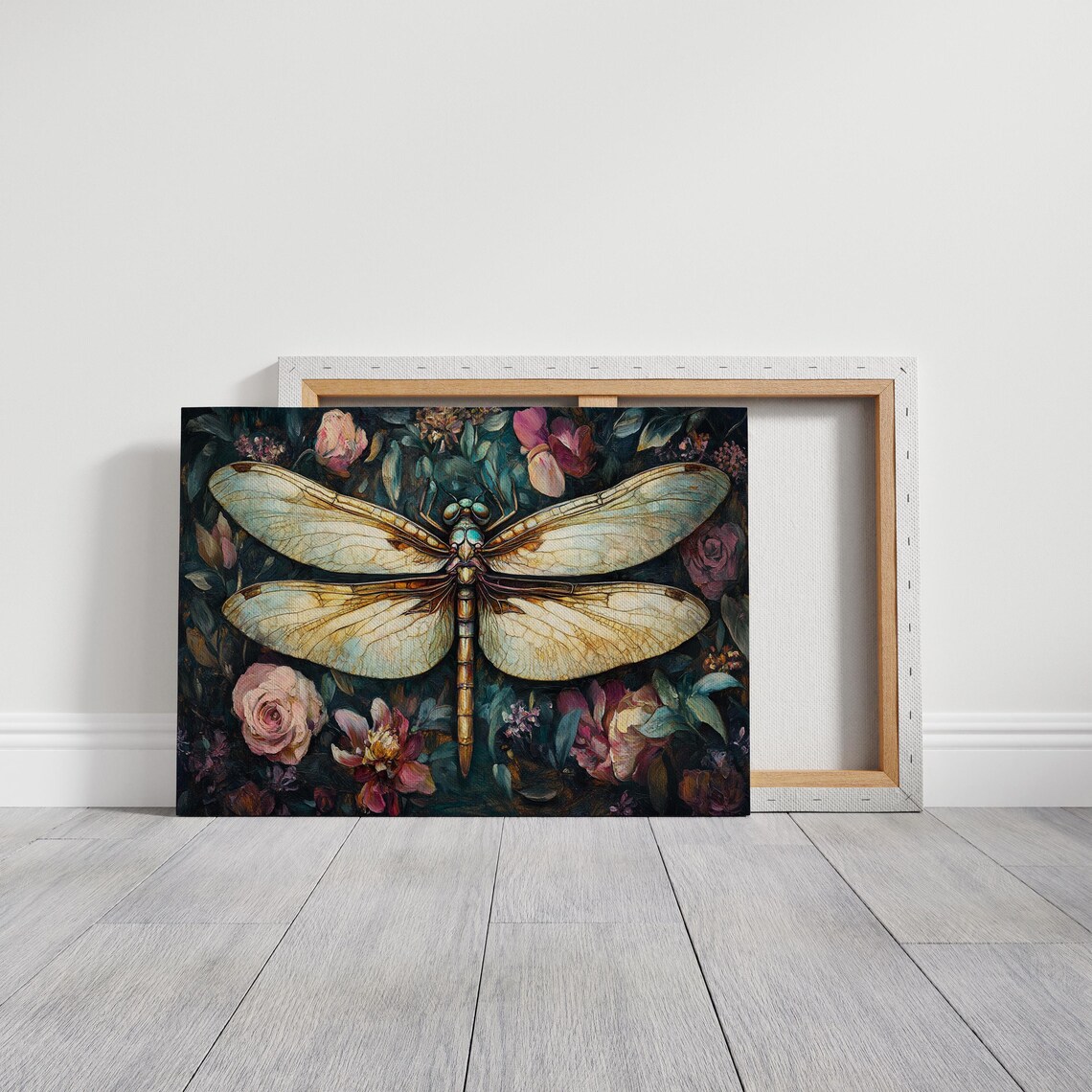 Pale Dragonfly with Translucent Wings on Dark Floral Botanical Art Poster - Image 4