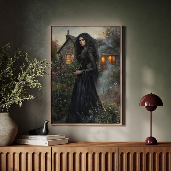 Mysterious Woman In Black Dress By Cottage Gothic Oil Painting Wall Art With Dark Romantic Atmosphere And Moody Garden Setting