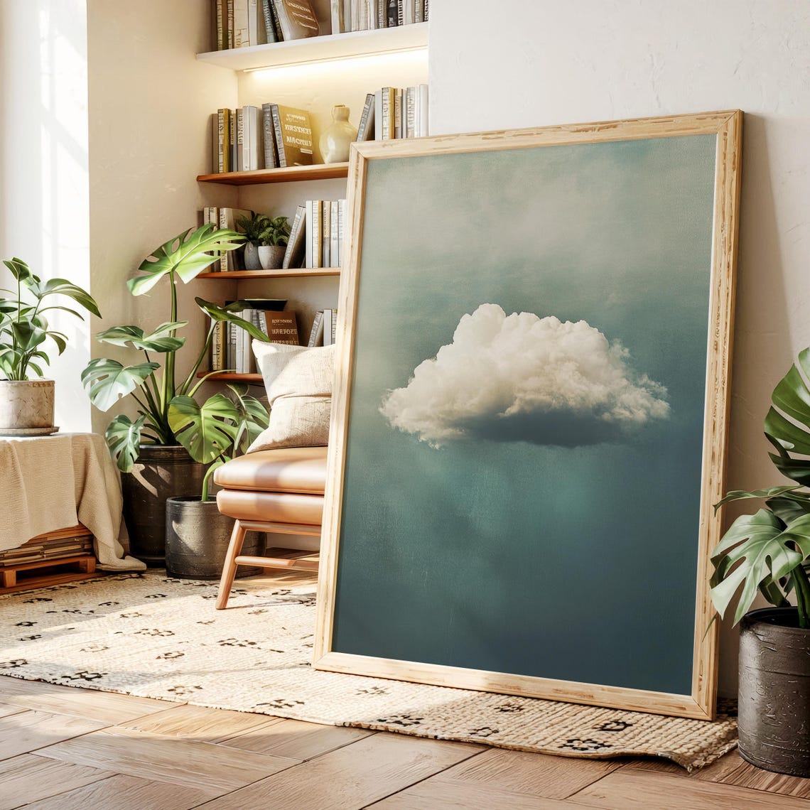 Single Floating White Cloud Print on Minimalist Teal Gradient Sky