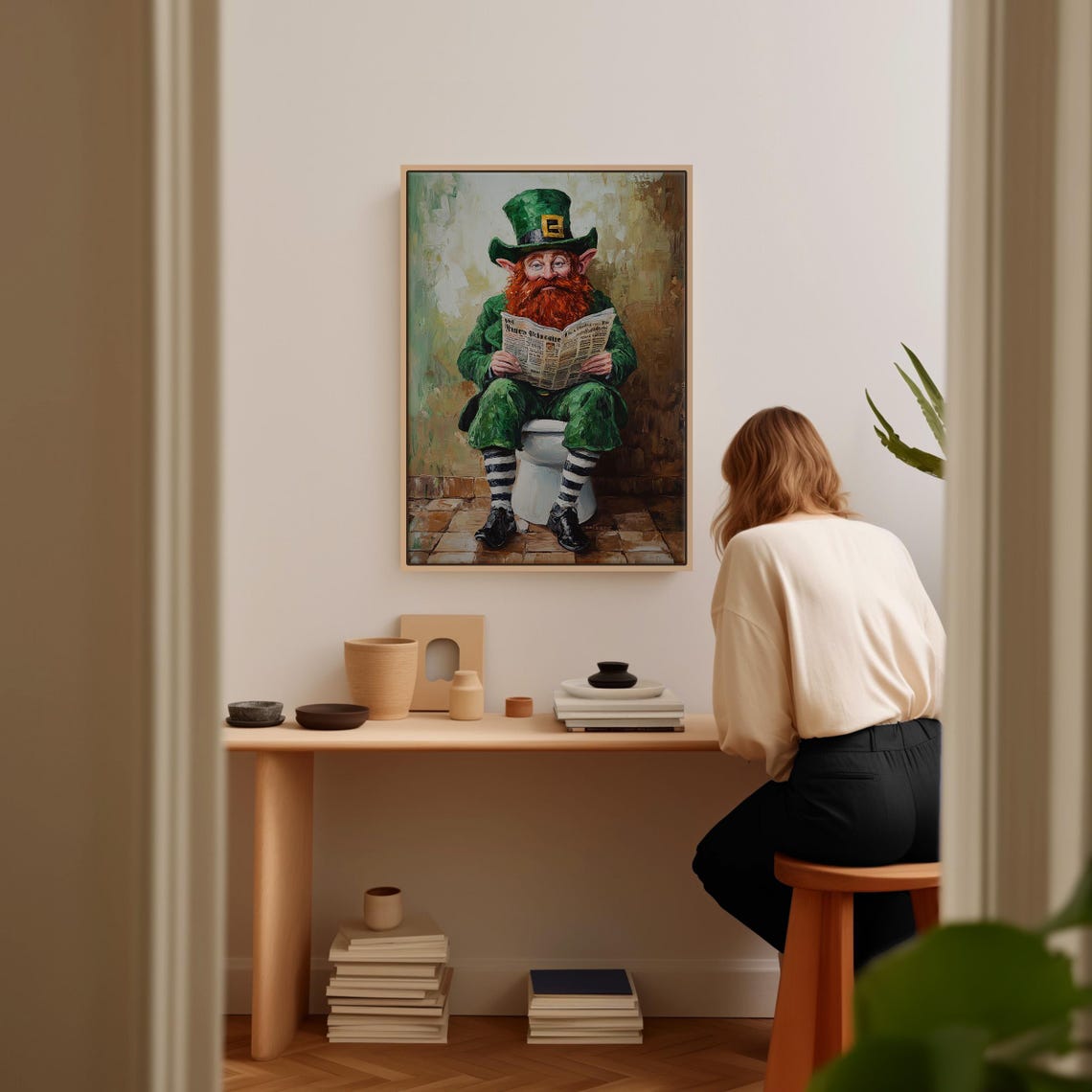 Funny Leprechaun Reading Newspaper on Toilet Bathroom Poster - Image 6