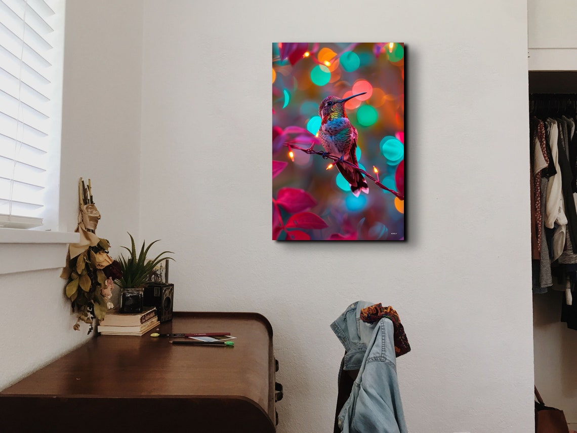 Colorful Hummingbird Perched on Glowing String Lights Poster - Image 4