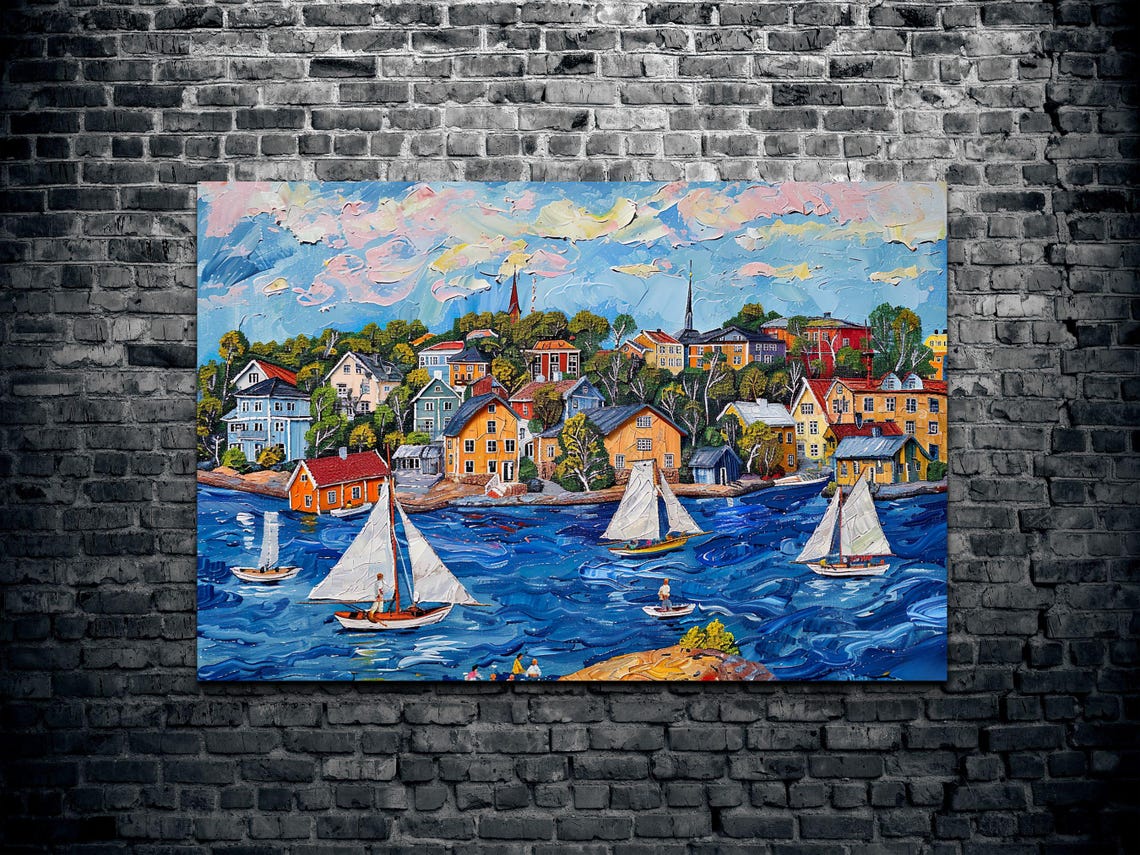 Coastal Village Sailboats Naive Art Style Harbor Painting Poster - Image 2