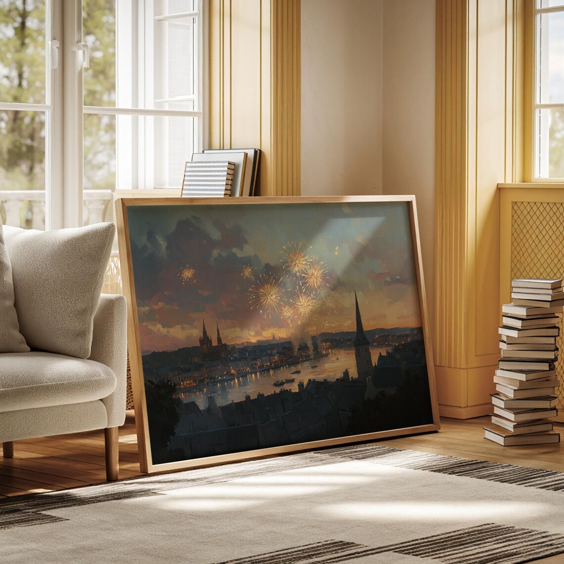 Fireworks Over European Riverside Skyline Sunset Oil Painting Poster