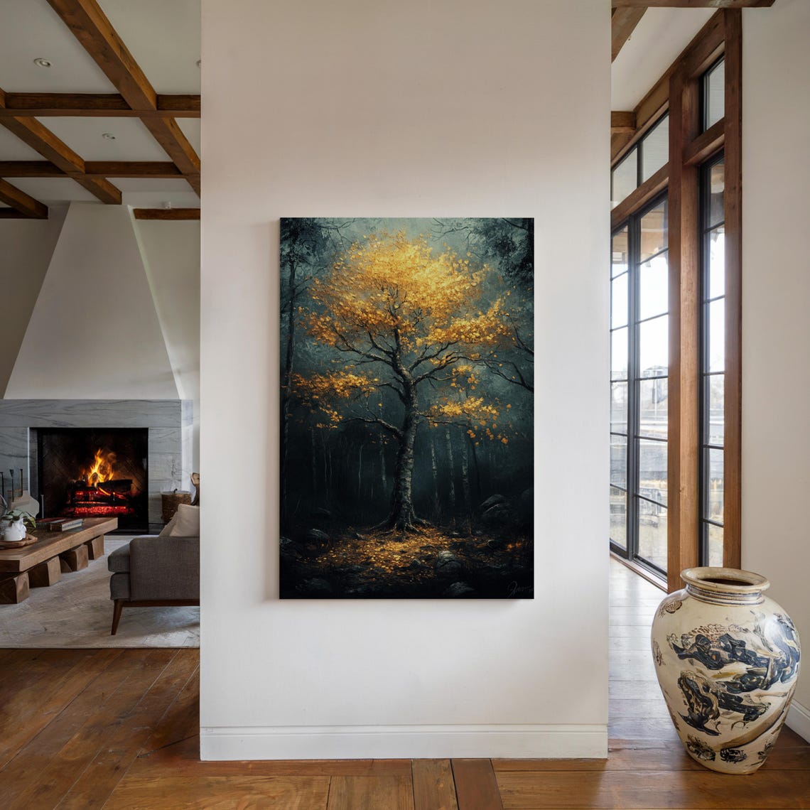 Golden Tree In Mystical Forest Illuminated Nature Enchanted Woodland Wall Art For Cozy Home Dcor - Image 4